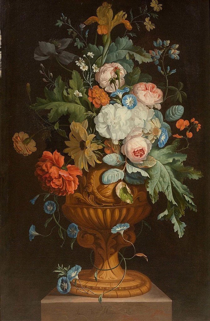 Jan van Huijsum - Fiori in vaso di terracotta su piedistallo